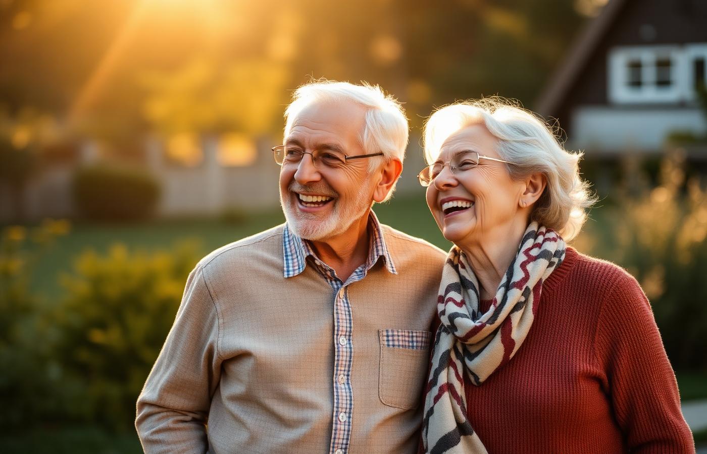 An older couple laughing warmly together outdoors